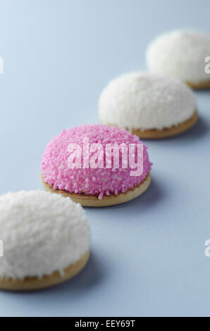 Biscuits à la guimauve avec le sucre et la noix de coco rose saupoudre sur fond bleu Banque D'Images