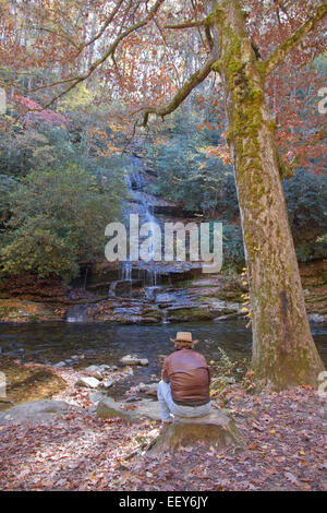 Un homme est assis sur un rocher face à une chute d'eau pittoresque et ruisseau de montagne à l'automne Banque D'Images