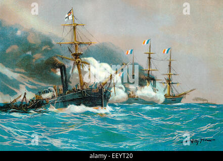 Par Willy Stöwer peinture historique, Bataille navale de la canonnière à vapeur du Chamaeleon-classe météore, 23 octobre 1870 off Havan Banque D'Images