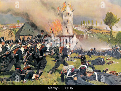Les troupes prussiennes à attaquer les Français au cimetière de Plancenoit, Bataille de Waterloo, le 18 juin 1815, Guerres napoléoniennes, Banque D'Images