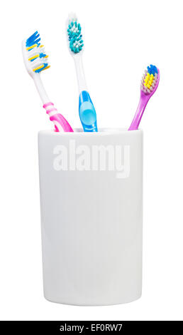 L'un des enfants et adultes deux brosses à dents en verre céramique - famille ensemble de brosses à dents isolé sur fond blanc Banque D'Images