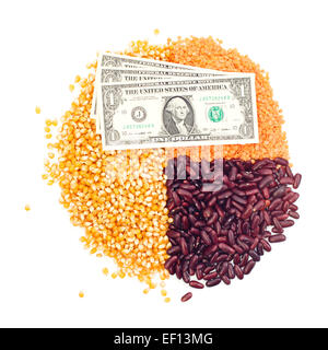 Graphique de maïs, lentilles, haricots et billets de dollar sur top isolated on white Banque D'Images