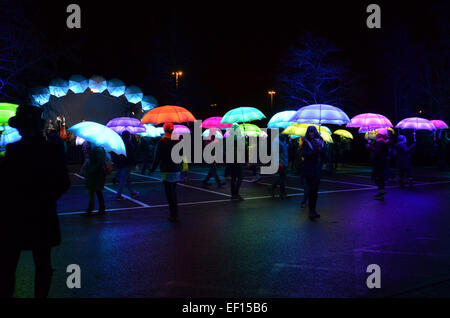 Bristol, Royaume-Uni. 24 Jan, 2015. La cérémonie d'ouverture de Bristol, capitale verte européenne 2015 Gagnants. Des parasols aux couleurs vives et un groupe appelé Dame Nade ( chant) Seb Gutiez (guitare) et Dan Everett (contrebasse), de Bristol et de finition avec des stars internationales, le Cirque Bijouk Haut Fil d'équilibre entre deux bâtiments, mari et femme Kindar Martin sur Location et Karine Mauffrey. Crédit : Robert Timoney/Alamy Live News Banque D'Images