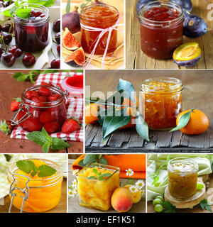 Collage de différentes sortes de confiture (pêche, fraise, orange, prune et figue) Banque D'Images