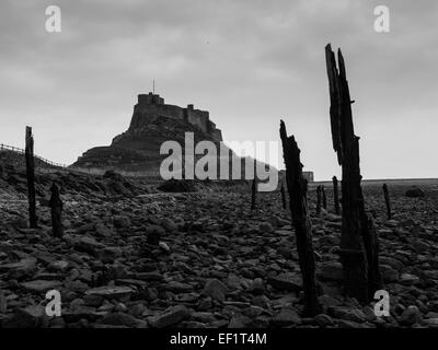 Château de Lindisfarne et épis sur l'île sacrée de Lindisfarne Banque D'Images