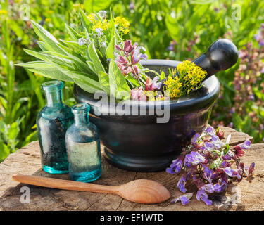 Mortier avec de l'herbes curatives et sage, la bouteille en verre d'huile essentielle à l'extérieur Banque D'Images