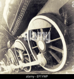 Les roues de la locomotive à vapeur close up en retro noir et blanc design, vintage stylisés Banque D'Images