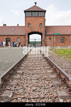 Gate à Birkenau camp de concentration d'Auschwitz-Birkenau Memorial Museum. Banque D'Images