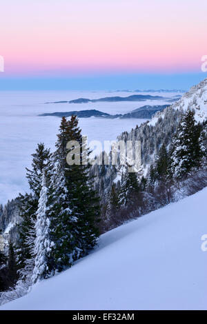 La neige paysage d'hiver avec vue sur le Mt Zugerberg, Rigi Kulm, Canton de Schwyz, Suisse Banque D'Images