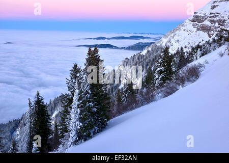 La neige paysage d'hiver avec vue sur le Mt Zugerberg, Rigi Kulm, Canton de Schwyz, Suisse Banque D'Images