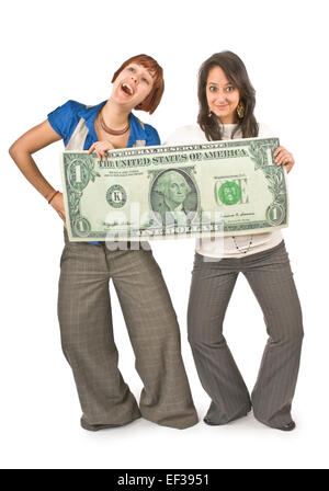 Deux heureux women holding une immense dollar bill Banque D'Images