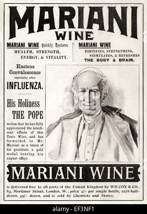 'Mariani Wine' (alias 'vin Mariani') Publicité imprimée avec l'approbation d'un produit du Pape Léon XIII. Voir la description pour plus d'informations. Banque D'Images