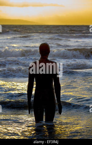 Liverpool, Merseyside, Royaume-Uni. 26 janvier, 2015. Météo France : la marée haute et le coucher du soleil sur la plage de Crosby. L'autre place des chiffres - chacun pesant 650 kilos - sont fabriqués à partir de moulages de l'artiste, Anthony Gormley, du propre corps debout sur la plage, tous face à la mer. Après avoir été vu en Cuxhaven en Allemagne, Stavanger en Norvège et la panne en Belgique, "un autre endroit" est désormais une caractéristique permanente au Royaume-Uni. Credit : Mar Photographics/Alamy Live News Banque D'Images