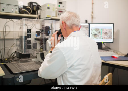 À l'aide de microscope et biochimiste grand ordinateur Banque D'Images