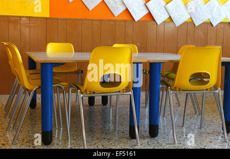 Classe de maternelle avec des chaises et une table jaune Banque D'Images