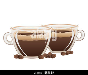 Une illustration de deux tasses de café espresso mousseux solide et de haricots sur un fond blanc Banque D'Images