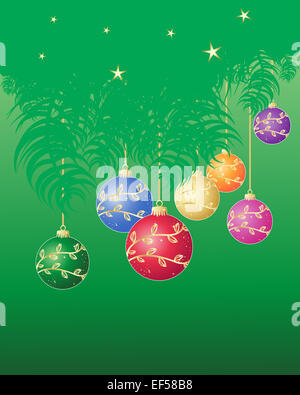 Une illustration de branches de pins verts et coloré décoré noël sur fil doré dans un format de carte de vœux Banque D'Images