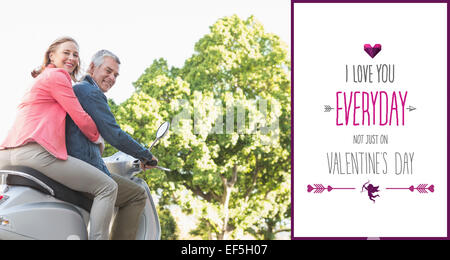 Image composite de happy senior couple riding a scooter Banque D'Images