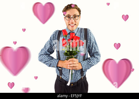 Image composite de hipster geek holding a bunch of roses Banque D'Images