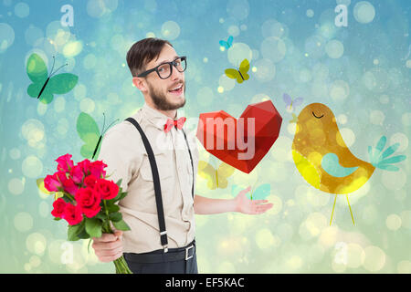 Image composite de hipster geek offrant bouquet de roses Banque D'Images