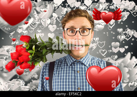 Image composite de hipster geek mordant un bouquet de roses Banque D'Images