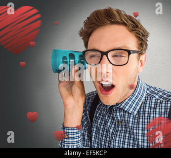 Image composite de l'homme geek avec cuvette d'écoute Banque D'Images