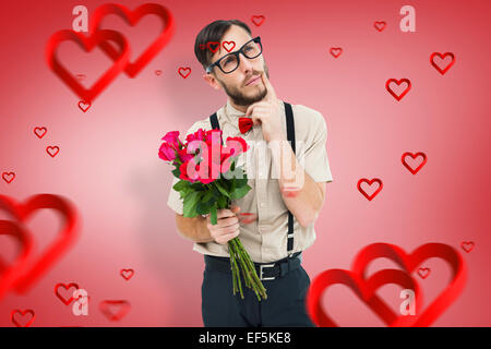 Image composite de hipster geek offrant bouquet de roses Banque D'Images