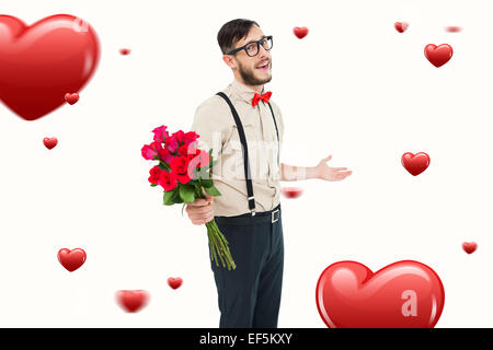 Image composite de hipster geek offrant bouquet de roses Banque D'Images