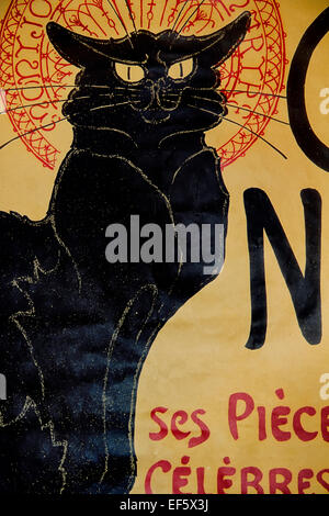 Affiche française montrant une figure de dessin animé d'un chat noir sur fond jaune avec les mots Chat Noir Banque D'Images