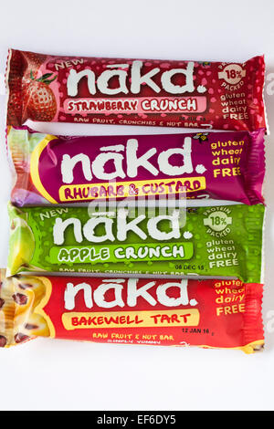 Bars Nakd - apple crunch, rhubarbe & crème anglaise, Bakewell Tart, fraise crunch isolé sur fond blanc Banque D'Images