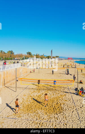 Beach-volley, plage Platja Nova Icaria, Barcelone, Espagne Banque D'Images