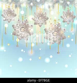 Bleu brillant, Carte de Noël avec des flocons d'argent avec diamants - vector Illustration de Vecteur