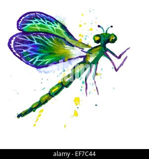 Vector background salutation avec belle aquarelle battant libellule verte Illustration de Vecteur