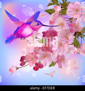 Vector background ressort avec une belle branche de fleurs de cerisier et de bourdonnement voletant-oiseau Illustration de Vecteur