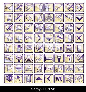 Vector set de 64 icônes de l'hôtel brillant élégant dans des tons beige et violet couleurs. Illustration de Vecteur