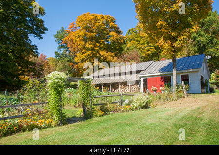 L'automne d'un pittoresque jardin avec clôture en bois, treillis, bûcher et feuillage coloré dans le Vermont, États-Unis d'Amérique. Banque D'Images