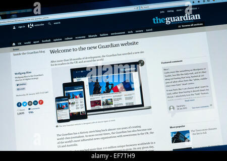 UK. 28 janvier, 2015. Journal anglais The Guardian a aujourd'hui mis en place une refonte majeure de son site web. L'article décrit la restructuration comme donnant une vue compacte 'plus de la news agenda comme il change tout au long de la journée et de la nuit" et de donner "plus d'indices visuels sur l'importance relative de chaque histoire'. Il est juste de dire que la réaction a été mélangé avec les commentaires en ligne d'utilisateurs du site rangeing de 'Nice ! ' À 'horrible'. Credit : sjscreens/Alamy Live News Banque D'Images