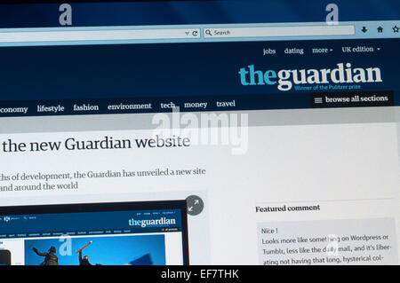 UK. 28 janvier, 2015. Journal anglais The Guardian a aujourd'hui mis en place une refonte majeure de son site web. L'article décrit la restructuration comme donnant une vue compacte 'plus de la news agenda comme il change tout au long de la journée et de la nuit" et de donner "plus d'indices visuels sur l'importance relative de chaque histoire'. Il est juste de dire que la réaction a été mélangé avec les commentaires en ligne d'utilisateurs du site rangeing de 'Nice ! ' À 'horrible'. Credit : sjscreens/Alamy Live News Banque D'Images
