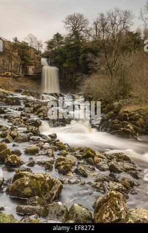 Thornton de travail sur l'Ingleton Cascades marche en plein débit après deux jours de pluie avait lavé la neige des collines. Banque D'Images