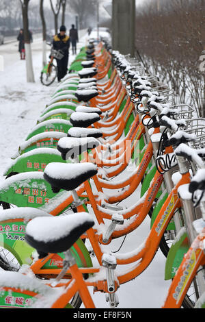 Taiyuan, la province de Shanxi. 29 janvier, 2015. Les bicyclettes sont couvertes de neige sur une route à Taiyuan, capitale du nord La province de Shanxi, le 29 janvier 2015. Une chute de neige a frappé la plupart partie de Shanxi depuis la nuit du 28 janvier. Credit : Zhan Yan/Xinhua/Alamy Live News Banque D'Images