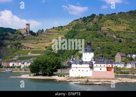 Château Pfalzgrafenstein, ancien château sans frais, derrière Kaub et Château Gutenfels, Patrimoine Mondial de l'Unesco de la vallée du Haut-Rhin moyen Banque D'Images