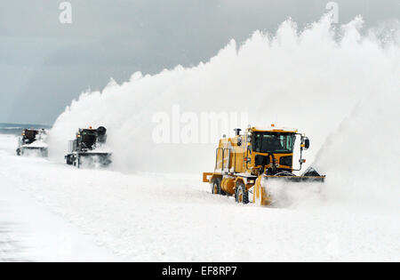 Les travailleurs doivent utiliser des chasse-neige pour effacer des tas de neige lourde comme Juno tempête hivernale s'arrête Nouvelle Angleterre le 28 janvier 2015 à Westhampton Beach, New York. Banque D'Images