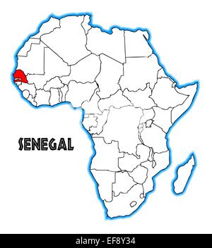 Sénégal contours insérés dans une carte de l'Afrique sur un fond blanc Banque D'Images