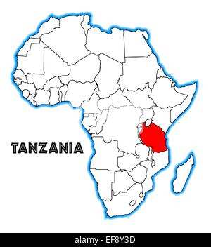 Tanzanie contours insérés dans une carte de l'Afrique sur un fond blanc Banque D'Images