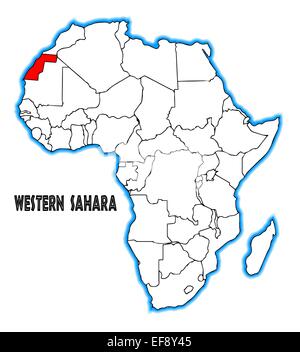 Western Sahara contours insérés dans une carte de l'Afrique sur un fond blanc Banque D'Images