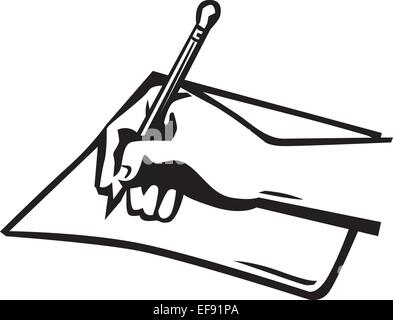 Une main écrit avec un crayon sur papier Illustration de Vecteur