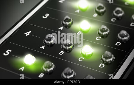 Illustration de questionnaire à choix multiples, QCM, sur fond noir avec le feu vert et effet de flou. Résultats de test concept Banque D'Images