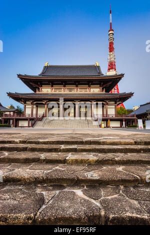 Vue du temple Zojo.ji et la Tour de Tokyo, Tokyo, Japon. Banque D'Images