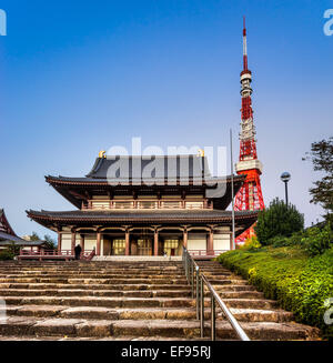 Vue du temple Zojo.ji et la Tour de Tokyo, Tokyo, Japon. Banque D'Images