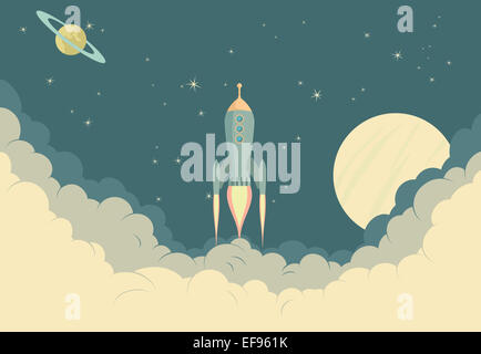 Illustration du vaisseau spatial au décollage ou atterrissage - Landing Page Banque D'Images